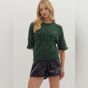 Entro Green Rhinestone Cable Knit Sweater Top